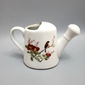 Vtg Takahashi Hand-Painted Porcelain‎ Ceramic Watering Can Bird Blossoms 3.25"